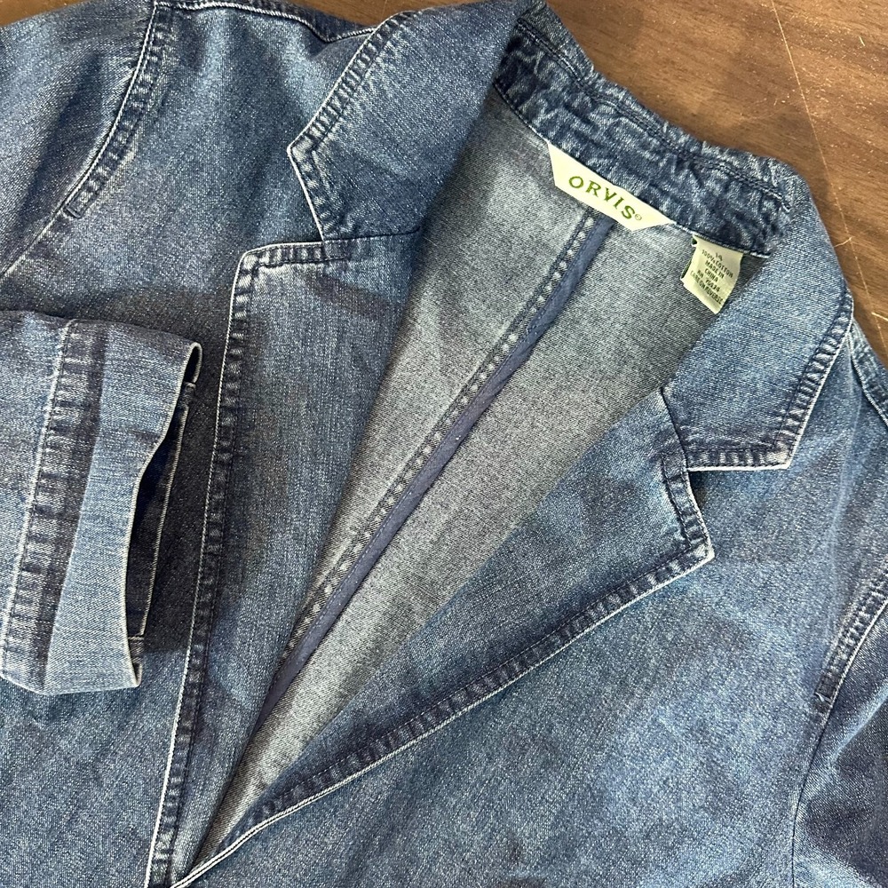 Orvis Blazer Jacket Womens 14 Blue Medium Wash Denim Single Breasted Notch Lapel
